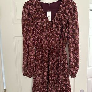 LOFT Long Sleeve Dress - Burgundy and Pink Floral